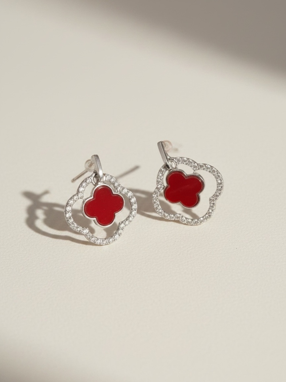 Clover Red Floral Halo Drop Earrings with Crystal Accents